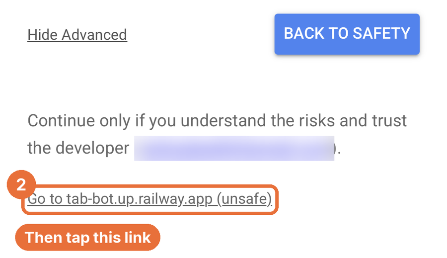The 'Go to tab-bot.up.railway.app (unsafe)' link circled at the bottom of the warning