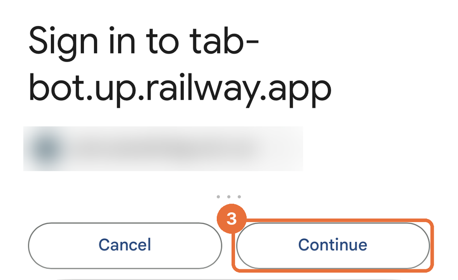 'Sign in to tab-bot.up.railway.app' with the Continue button circled
